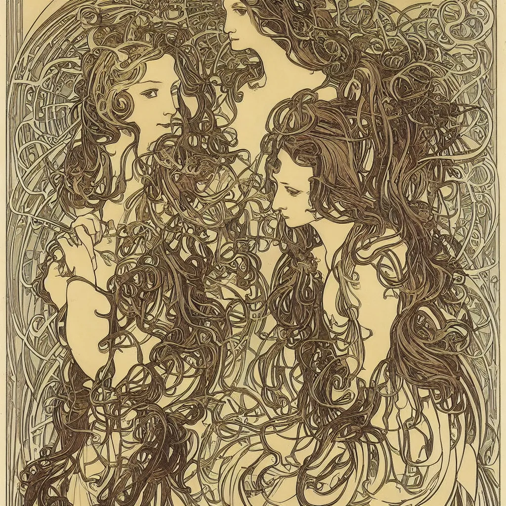 Prompt: organic psychedlic engraving by alphonse mucha and gustave klint