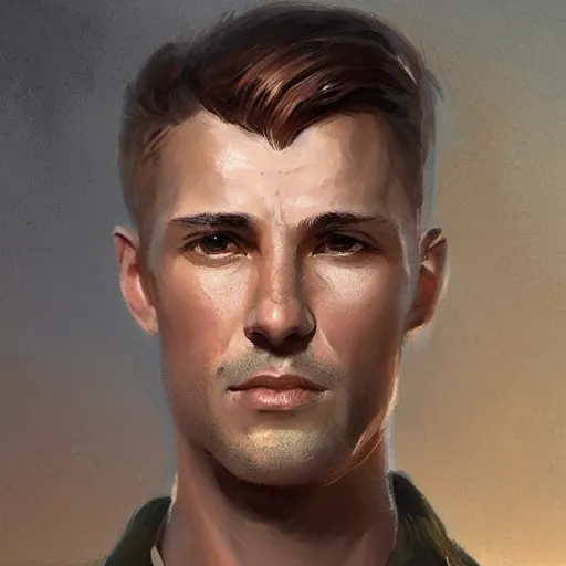 Image similar to Portrait of a man by Greg Rutkowski, he is about 30 years old, short copper hair, attractive, military composure, younger brother vibes, he is wearing futuristic military fatigues, cool uncle vibes, highly detailed portrait, digital painting, artstation, concept art, smooth, sharp foccus ilustration, Artstation HQ.