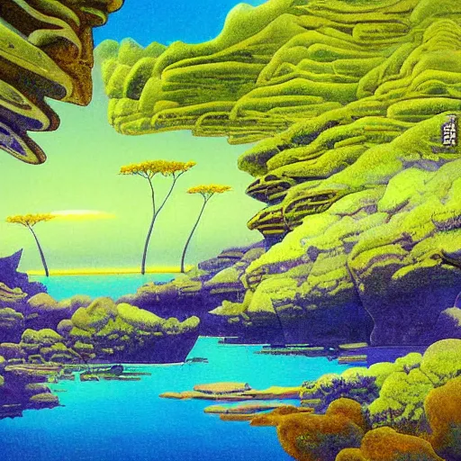 Image similar to detailed painting of a lush natural scene on an alien planet by tojiro oshita. beautiful landscape. weird colourful vegetation. cliffs and water.