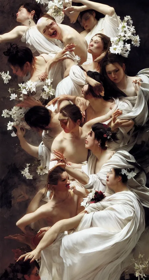 Prompt: top angle view, wide lens of multiple interracial females draped in rotten white flowery dress, dance fighting with each other, beautiful concept painting by caravaggio, ruan jia, jakub rebelka, artgerm, greg rutkowski, edgar maxence