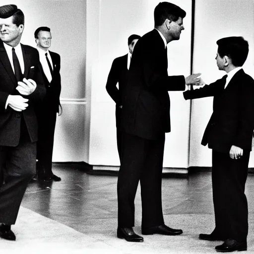 Image similar to president john f kennedy shaking hands with an alien, black and white photography, detailed, ultra realistic, photorealistic, cinematic