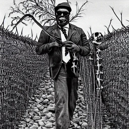 Prompt: I walk 47 miles of barbed wire, I use a cobra snake for a necktie, I've got a brand new house on the roadside made of rattlesnake hide, its got a smokestack chimney laid on top made out of human skulls, now come on take a little walk with me doll and tell me who do you love? Bo Diddley, Afrofuturism, intimidating stare, deviantart, matte painting by Rudolph Belarski