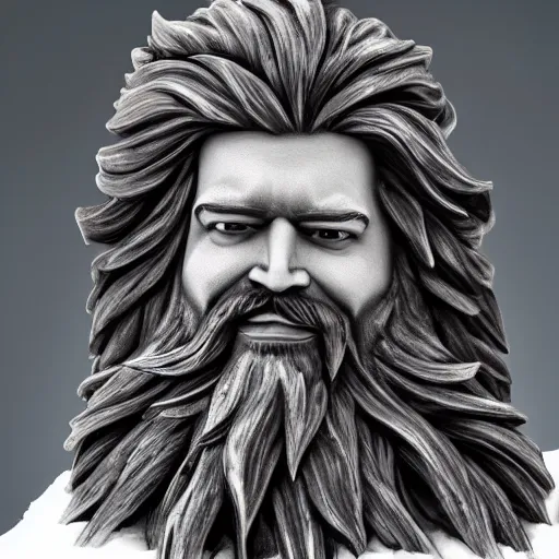 Prompt: a flawless, purely ice sculpture of a man with long hair, with trimmed beard, smiling widely. ice statue, extremely detailed, award-winning art, trending on Artstation