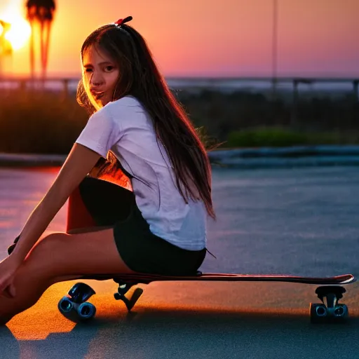 Prompt: skater girl in california at sunset, 4 k, 3 d