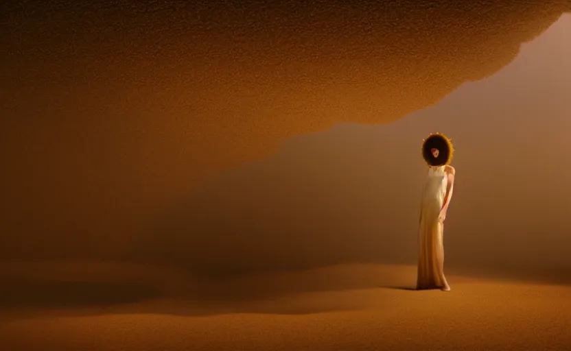 Image similar to levitating woman with fractal mirror dress with white flowers and full - face golden mask inside a thick black smoke in rocky desert landscape, sand alien city in the landscape, burning earth by gaspar noe and christopher doyle, anamorphic lens, anamorphic lens flares, kodakchrome, cinematic composition, practical effects, award winning photo, 8 k