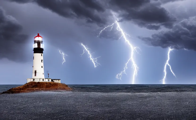 Prompt: a movie still of a lighthouse with a thunderstorm, highly detailed, 8 k