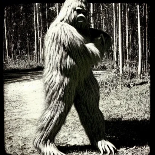 Image similar to a trailcam photo of a real life bigfoot, grainy, vintage, crt