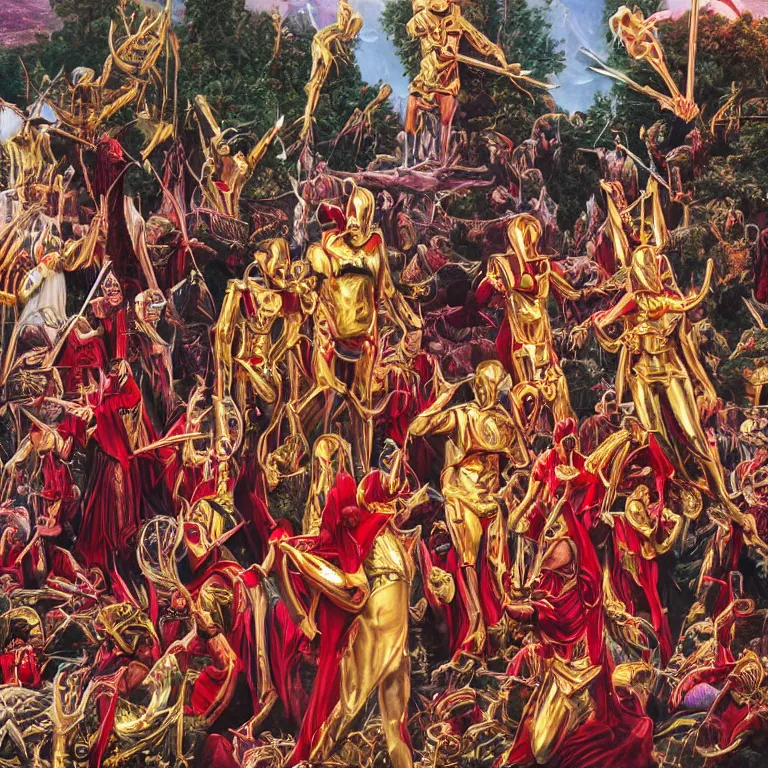Prompt: pov of man being sacrifice by members of esoteric cult, ektachrome hyper realistic and detailed, wear heavy red ornemental costumes and elongate gold masks and jewels