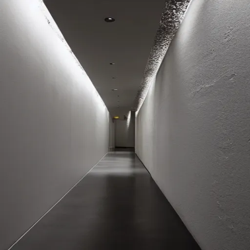 Image similar to underground liminal space, stucco walls, shiny floors, minimalist, stunning, light and shadows, catwalks