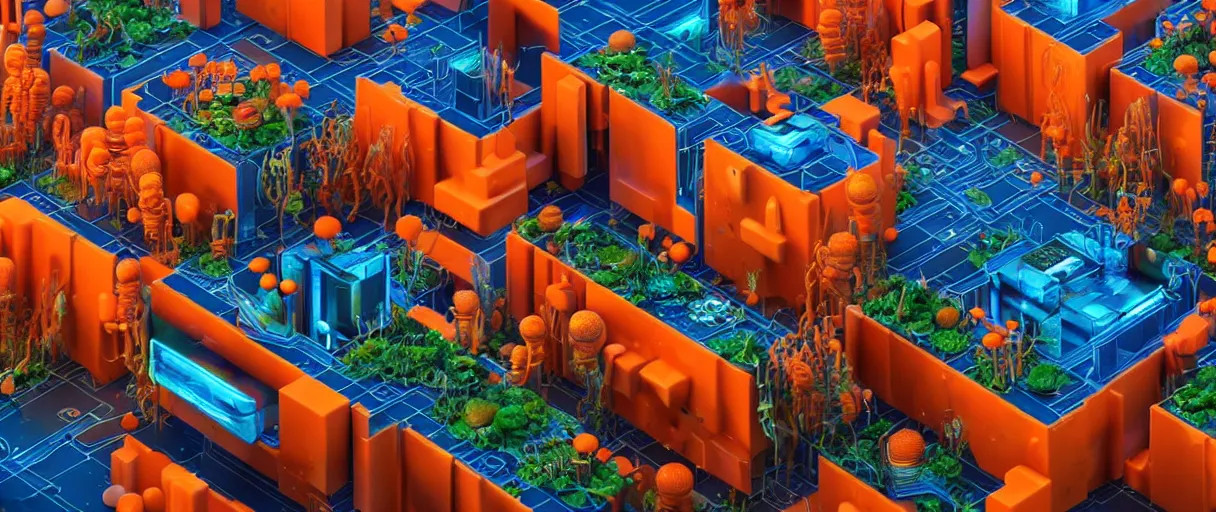 Prompt: hyperrealistic hyper detailed wide shot of low brow futuristic bio colony with brutalist architecture and carnivorous plants matte painting concept art key sage jeff koons very dramatic orange and blue lighting high angle hd 8k sharp shallow depth of field