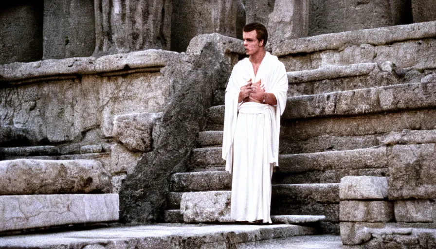 Prompt: 1 9 7 0 s movie still close - up of caligula in a white toga stabbed to death bleeding heavy blood on ancient amphitheater's stairs, cinestill 8 0 0 t 3 5 mm, high quality, heavy grain, high detail, dramatic light, anamorphic, blood