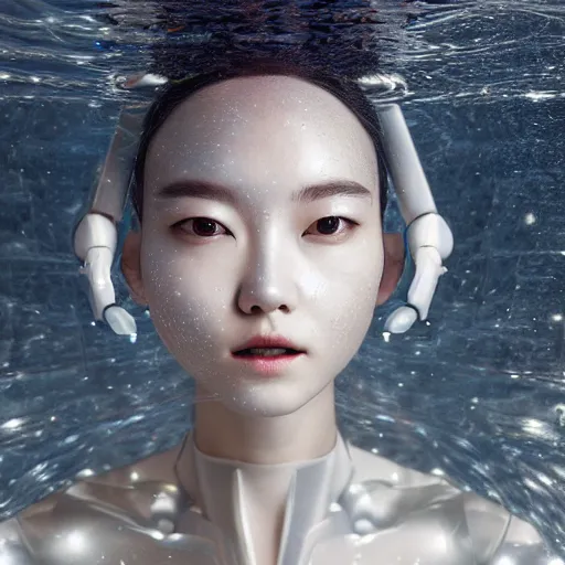 Image similar to beautiful centered fine art photo portrait of hoyeon jung as a solarpunk robotic humanoid, half body above water, white mechanical parts with led lights, ultra - realistic and detailed, white background, natural lighting, soft focus, slow exposure hdr 8 k