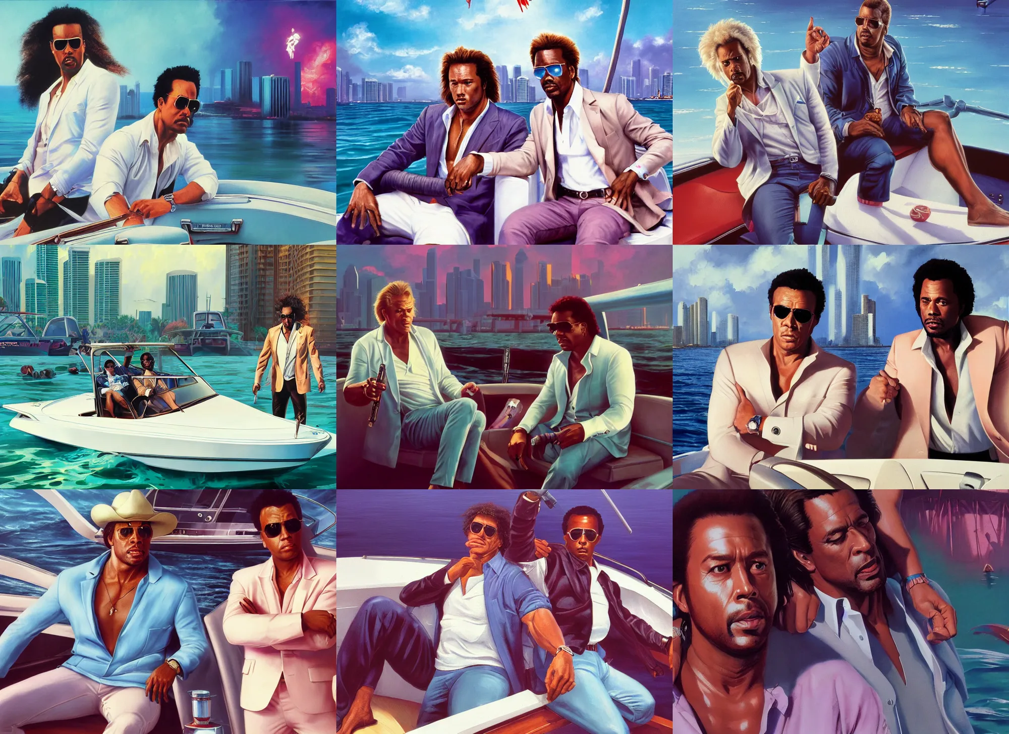 Prompt: a portrait painting of crockett and tubbs in eighties miami vice in a speedboat, ultra realistic, highly detailed faces, true life, 8 k, masterpiece, cinematic, by frank frazetta, greg rutkowski, yoko taro, christian macnevin, beeple, wlop, krenz cushart, epic character art, dramatic lighting