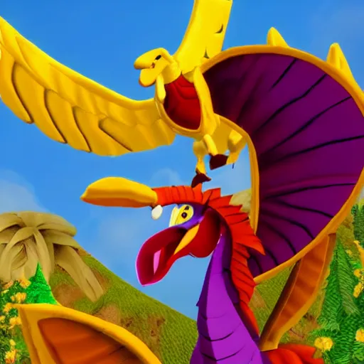 Image similar to screenshot of a humanoid griffin bard with a feather in its cap as an enemy in spyro the dragon video game, with playstation 1 graphics, activision blizzard, upscaled to high resolution