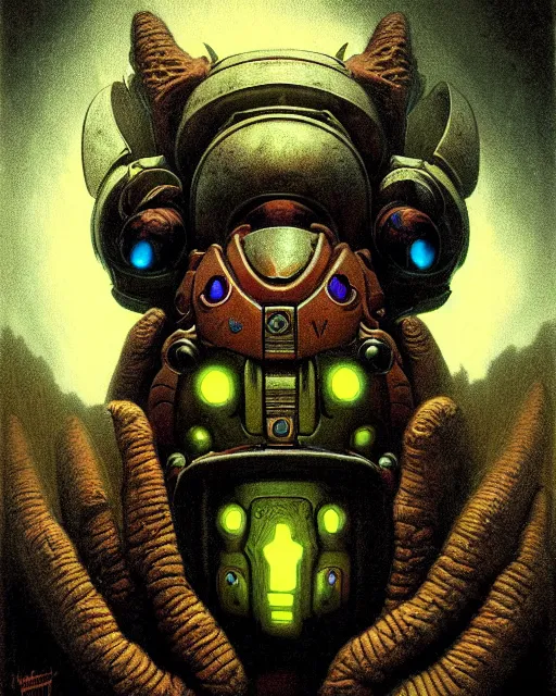 Image similar to orisa from overwatch, character portrait, portrait, close up, concept art, intricate details, highly detailed, horror poster, horror, vintage horror art, realistic, terrifying, in the style of michael whelan, beksinski, and gustave dore