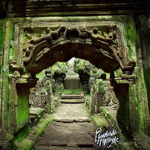 Image similar to candi bentar, javanese split gateway. fantasy concept art. overgrown, mossy, cracked and worn