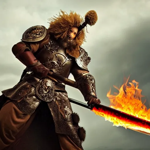 Image similar to god king fluffy in shining armor holding a flaming sword in the middle of a fierce battle