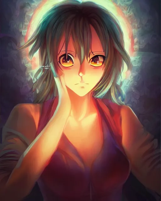 Image similar to anime illustration of a woman entranced, portrait, bewitched, mesmerized, hypnotized, dramatic lighting, concept art, sharp focus, colorful, photorealistic