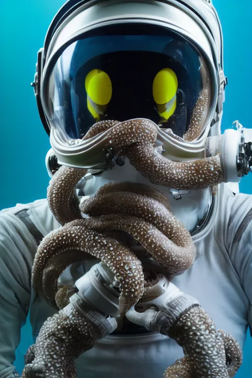 Image similar to extremely detailed studio portrait of space astronaut, alien tentacle protruding from eyes and mouth, slimy tentacle breaking through helmet visor, shattered visor, full body, soft light, disturbing, shocking realization, award winning photo by manny librodo