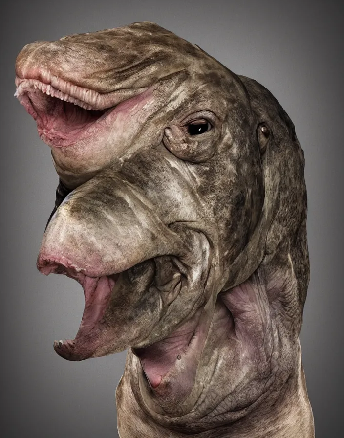 Prompt: portrait of muscular animal human merged head dolphin skin, solid background, scales skin dog, merged monkey head, hippo face morphed, gills, horse head animal merge, morphing dog head, animal eyes, merging crocodile head, anthropomorphic creature