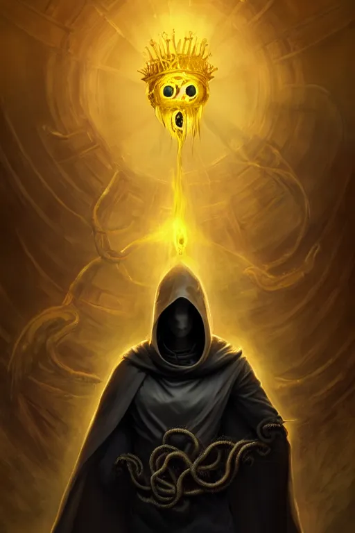 Image similar to A full body portrait of a mysterious character with no face with a very long hooded yellow cloak, a golden crown floating above his head tentacles coming out the ground art by James Paick, and Shaddy Safadi, ominous, cosmic horror, trending on artstation, Ultra detailed, hyper realistic 4k