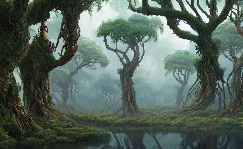 Prompt: a beautiful intricate matte painting of exotic forest. each tree is in the shape of female body with branches growing from the arms, by james gurney, unreal engine, trending on artstation, cgsociety, deviantart.