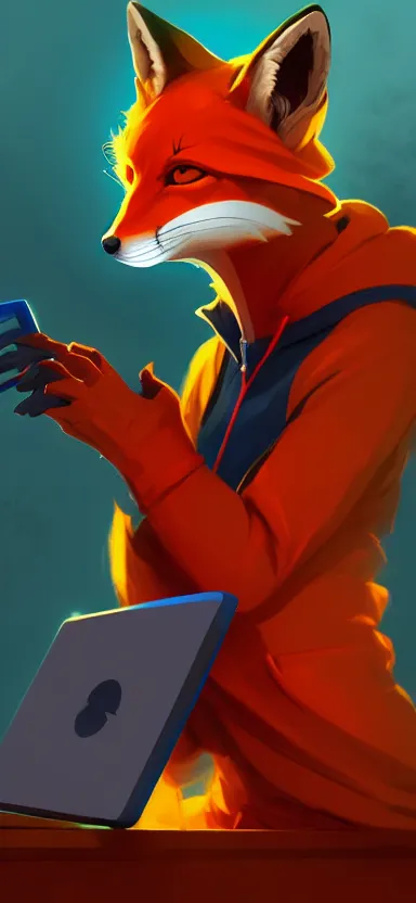 Prompt: a league of legends concept art of an anthropomorphic red fox in a blue hoodie hacking a portable computer, front view, hacker emblem, artstation, digital art, oc commission, style by jordan grimmer and greg rutkowski, 4 k resolution