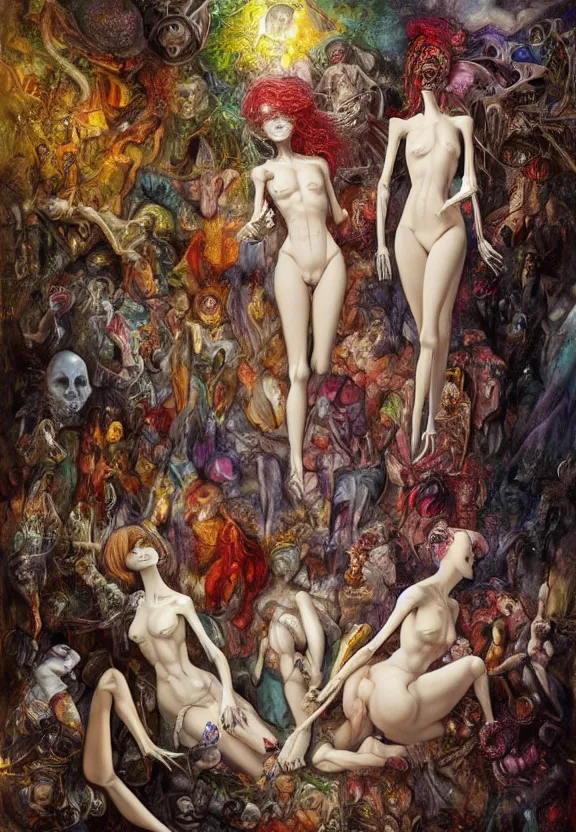 Image similar to simplicity, colorful muscular eldritch mannequins dolls radiating town fractal, white bones, colorful gems, by h. r. giger and esao andrews and maria sibylla merian eugene delacroix, gustave dore, thomas moran, pop art, chiaroscuro, biopunk, art nouveau