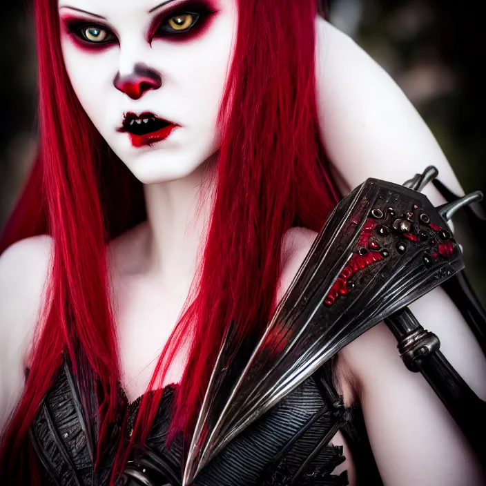 Image similar to photograph of a real - life beautiful vampire queen warrior. extremely detailed. dslr. standard lens. 3 5 mm.