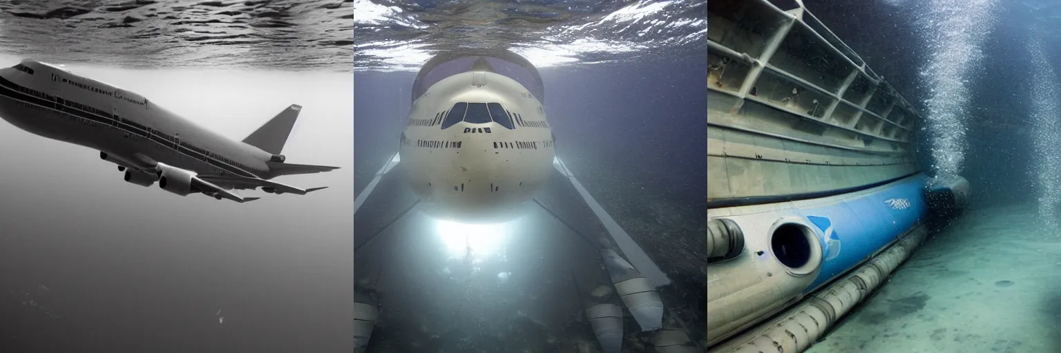 Prompt: Submechanophobia, boeing 747, underwater