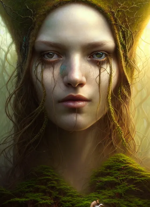 Image similar to closeup portrait shot of a forest nymph in a scenic dystopian environment, intricate, elegant, highly detailed, centered, digital painting, artstation, concept art, smooth, sharp focus, illustration, artgerm, tomasz alen kopera, peter mohrbacher, donato giancola, joseph christian leyendecker, wlop, boris vallejo