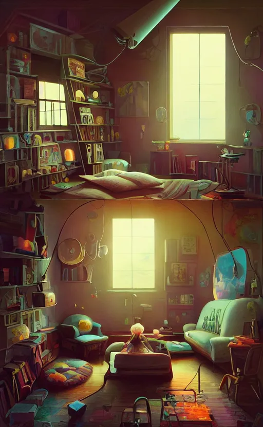 Prompt: Interior shot of a cozy loft by Petros Afshar and Beeple, James Gilleard, Mark Ryden, Wolfgang Lettl highly detailed