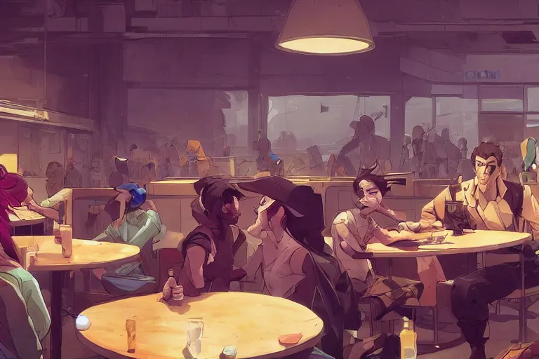 Image similar to a worried person in a crowded busy dystopian cafeteria interior behance hd artstation by jesper ejsing, by rhads, makoto shinkai and lois van baarle, ilya kuvshinov, ossdraws, that looks like it is from borderlands and by feng zhu and loish and laurie greasley, victo ngai, andreas rocha