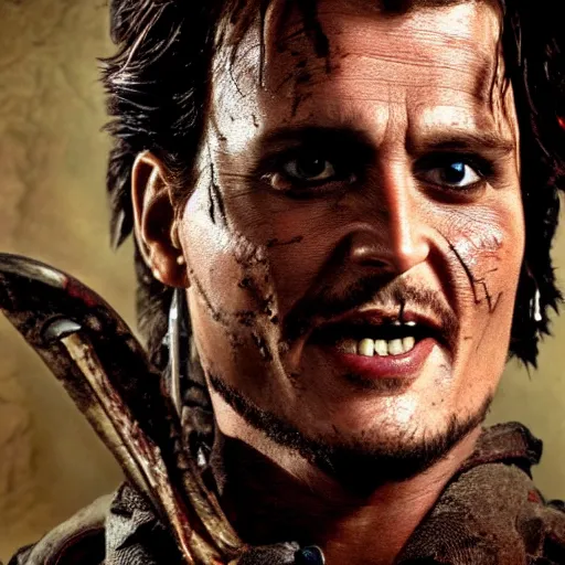 Prompt: Johnney Depp as Ash William's in Army of darkness, HD, high resolution, hyper realistic, 4k, intricate detail