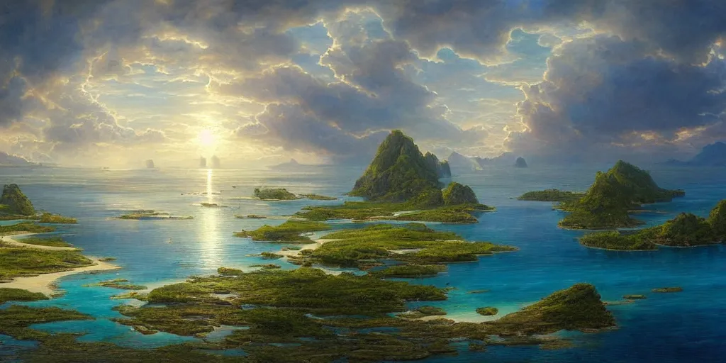 Prompt: a beautiful painting of a A paradisiacal landscape of a sea lagoon surrounded by islands, a fantastic city built on water, rays of light illuminating the water by John Howe, Trending on Artstation, Landscape vista