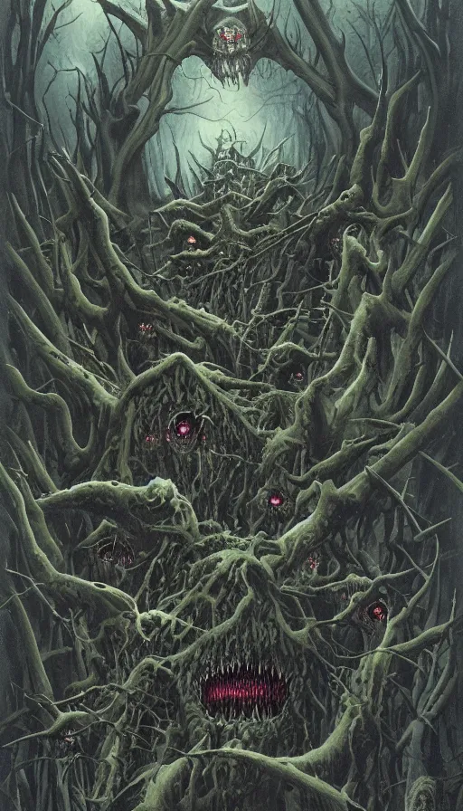 Image similar to a storm vortex made of many demonic eyes and teeth over a forest, by gerald brom,