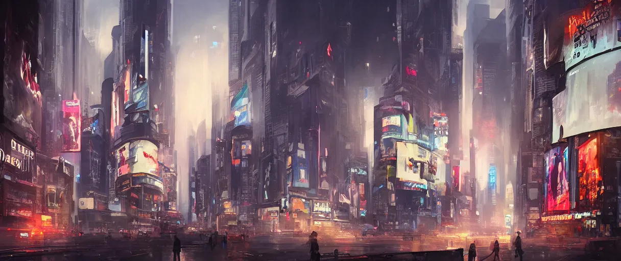 Image similar to huge modern downtown city, billboards, Times Square, dark, concept art, digital painting, style of jordan grimmer, warm lighting, futuristic, volumetric lighting, view from below, daytime, godrays , high detail