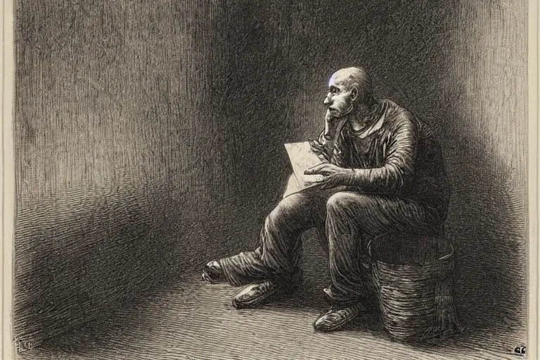 Image similar to man wearing paper bag smoking a blunt, Gustave Dore lithography