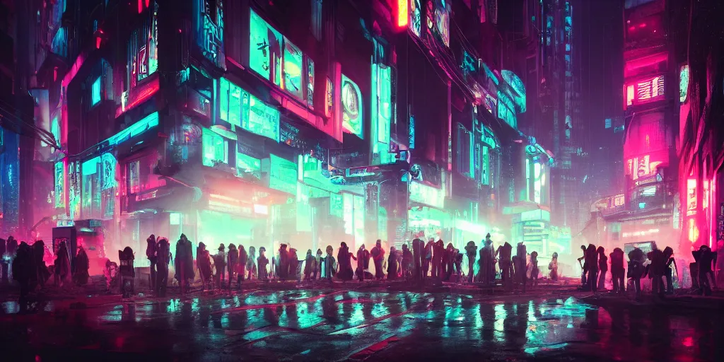 Image similar to a group of people standing outside of a building, cyberpunk art by liam wong, cgsociety, retrofuturism, glowing neon, neon, matte painting