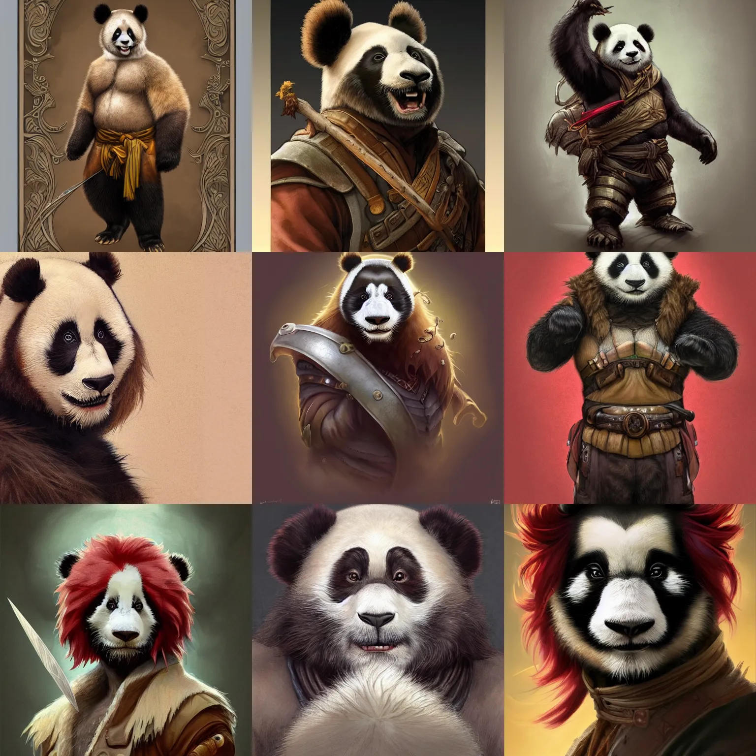 Prompt: portrait of a young ruggedly handsome but joyful anthropomorphic panda, male, masculine, upper body, red hair, long hair, d & d, fantasy, fierce, sharp features, intricate, elegant, highly detailed, digital painting, artstation, concept art, matte, sharp focus, illustration, art by artgerm and greg rutkowski and alphonse mucha