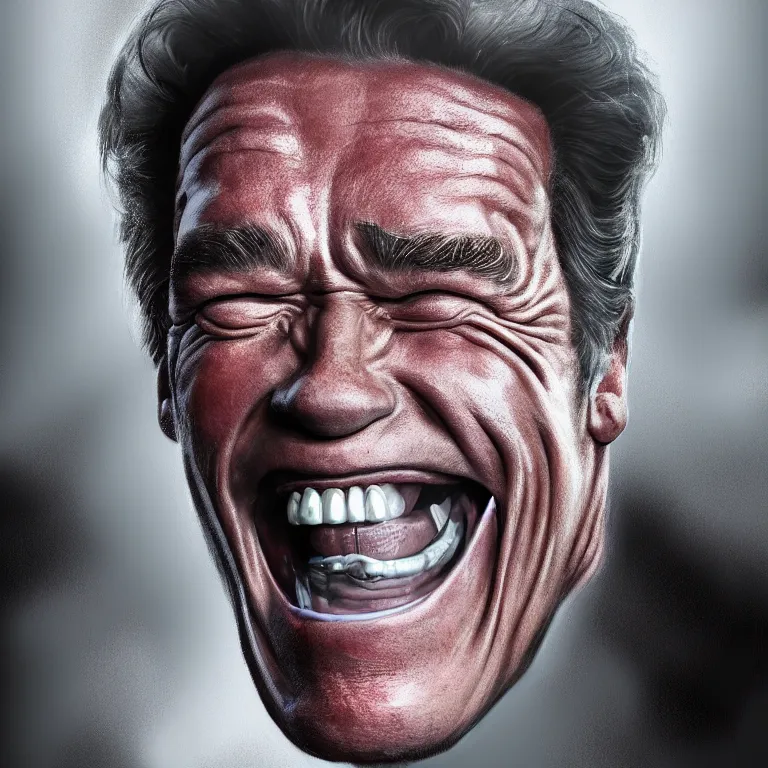 Prompt: Portrait of Arnold Schwarzenegger laughing hysterically with crazy eyes, hyperrealistic, concept art, illustration, 8k, cinematic, digital painting, very detailed, volumetric lighting, artstation, octane render