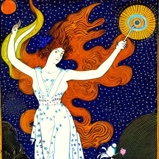 Image similar to The computer art features a woman with wings made of stars, surrounded by a blue and white night sky. The woman is holding a staff in one hand, and a star in the other. She is wearing a billowing white dress, and her hair is blowing in the wind. burnt orange, Aztec by Aubrey Beardsley, by Horace Vernet