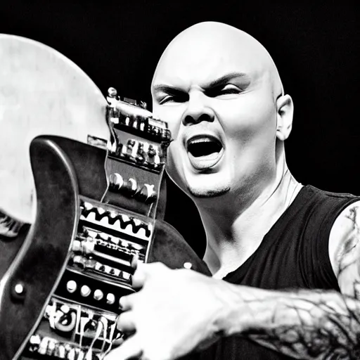 Prompt: Billy Corgan lifting heavy music gear