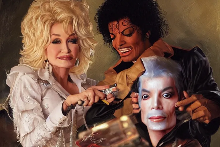 Image similar to portrait of dolly parton removing chewing gum from michael jacksons hair, an oil painting by ross tran and thomas kincade