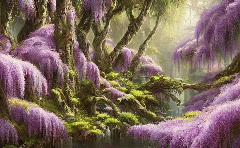 Prompt: a dense forest of willow trees and colorful purple and pink wisteria flowers, thick mossy ground, small waterfall, fantasy digital painting, stunning intricate details, artwork by ross tran and greg rutkowski