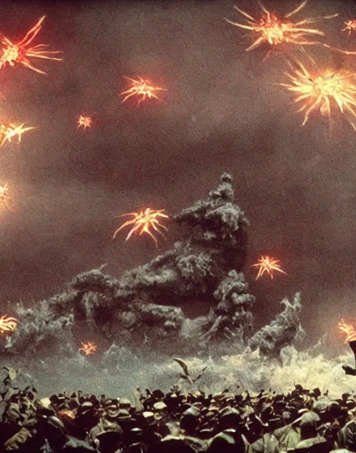 Prompt: a filmstill of a north korean monster movie, kaiju - eiga monster starfish - like trampling a traditional korean palace, foggy, film noir, epic battle, etheral, explosions, communist starfish, thriller, by akira kurosawa and wes anderson video compression