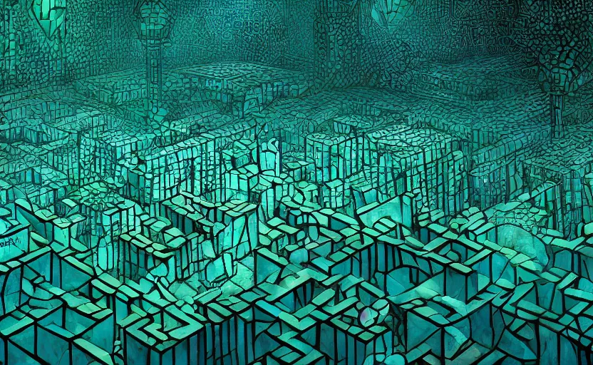 Prompt: interior of an elaborate labyrinth of runic cubes, ancient overgrown, dark teal, endless maze - like runes, sharp high detail, masterpiece by satoshi kon, crystal cubism, greeble, tesseract, darksynth, high definition