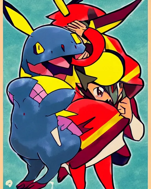 Image similar to a pokemon fight in the style of the spanish bullfighting posters