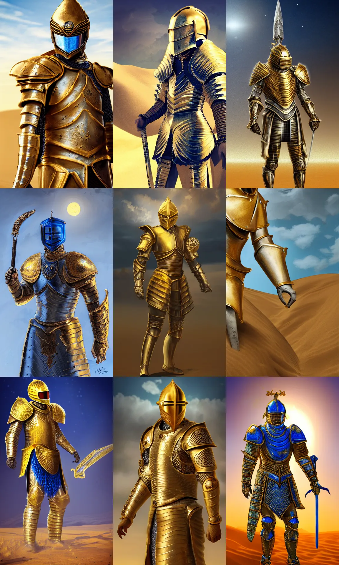 Prompt: king of the desert, gold armour suit, photo realistic, fantasy, intricate, elegant, blue sky, golden sword, 4k, photo realistic, character design, trending on Artstation, medieval knight, digital painting, concept art