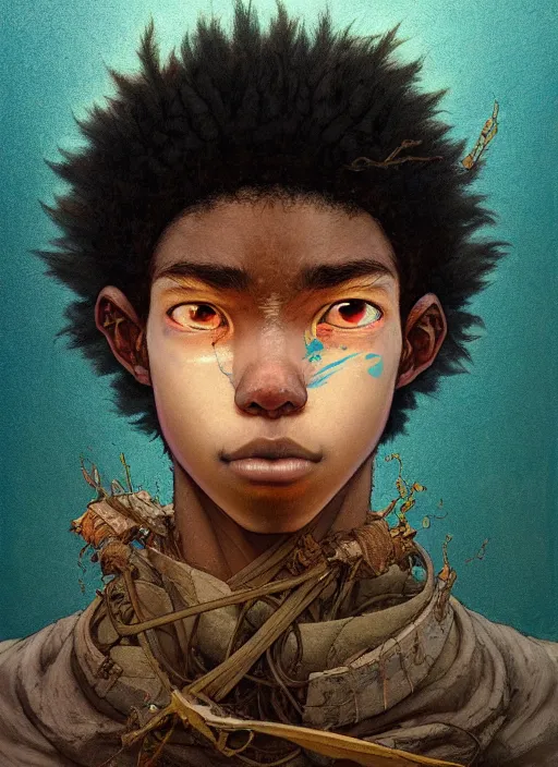 Image similar to prompt : portrait soft light painted by james jean and katsuhiro otomo and erik jones, inspired by akira anime, epic fantasy, a young long haired peasant boy with dark skin, brown skin, a dark complexation in plain fantasy clothing with intelligent eyes, intricate oil painting, high detail illustration, sharp high detail